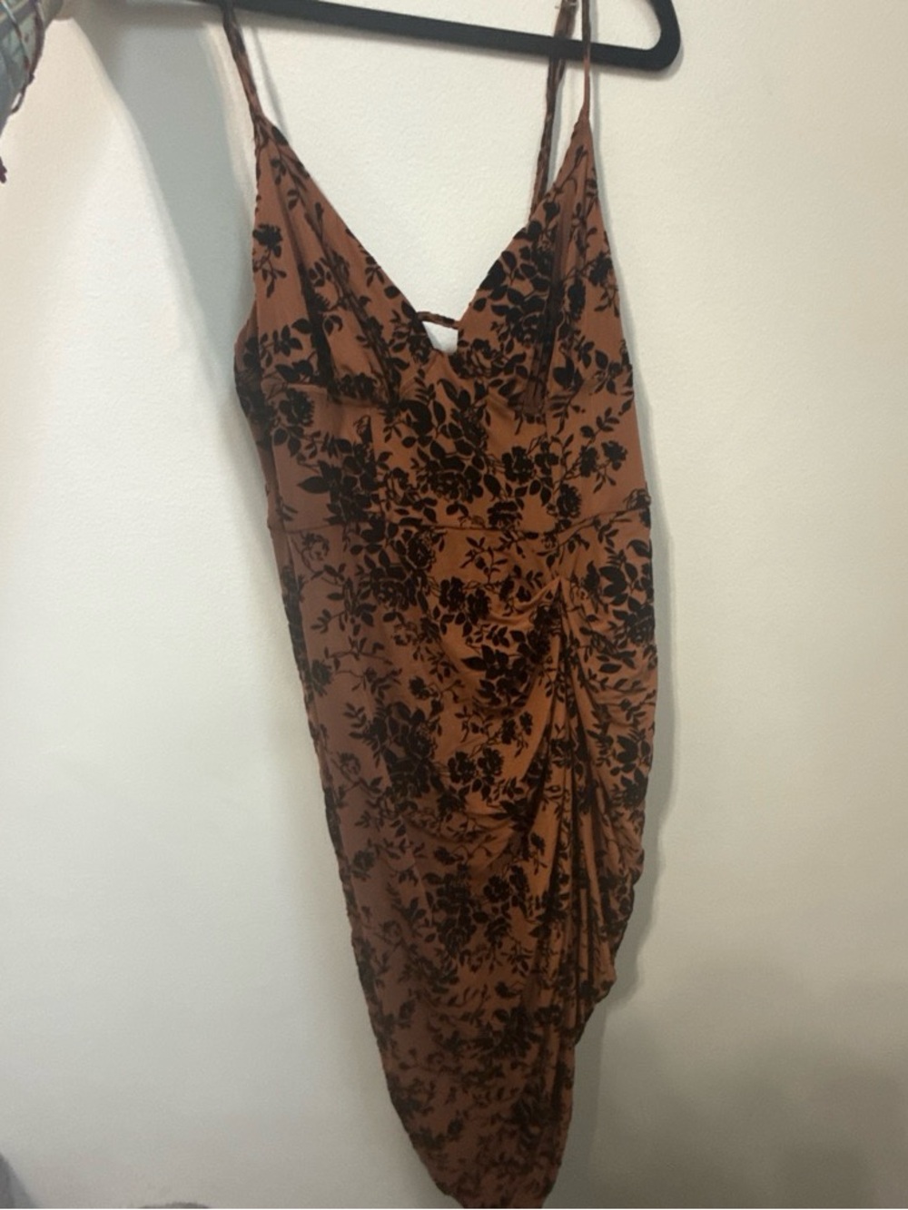 SHEIN Brown Slip Midi Dress with Black Floral Print